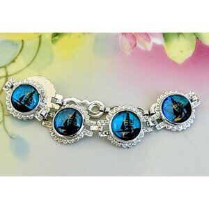 Vintage 70s Morpho Butterfly Wing Link Bracelet Tree Mountain Scene